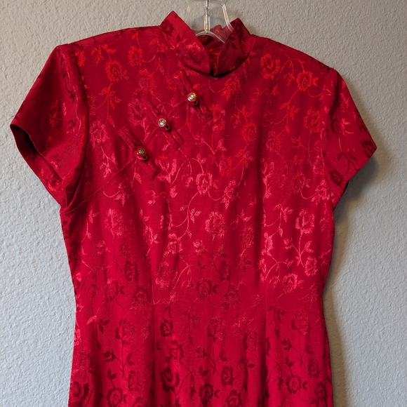 Vintage Asian Elegant Wine Red Maxi Dress 90s Y2k Jacquard Chinese Wedding Sz. 8 - Picture 2 of 13